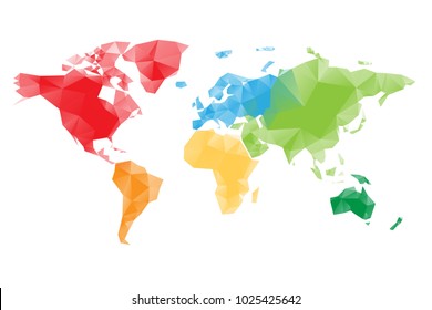 Low poly map of World divided into six continents by color. Polygonal vector design with dropped shadow.