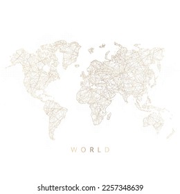 Low poly map of World. Gold polygonal wireframe. Glittering vector with gold particles on white background. Vector illustration eps 10.