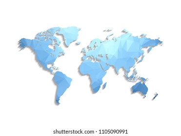 Low poly map of world. World map made of triangles. Blue polygonal shape vector illustration on white background. Vector illustration eps 10.