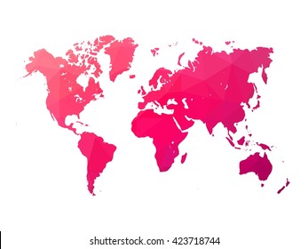 Low poly map of world. World map made of triangles. Pink polygonal shape vector illustration on white background.