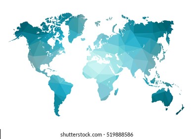 Low poly map of world. World map made of triangles. Blue polygonal shape vector illustration on white background. Vector illustration eps 10.