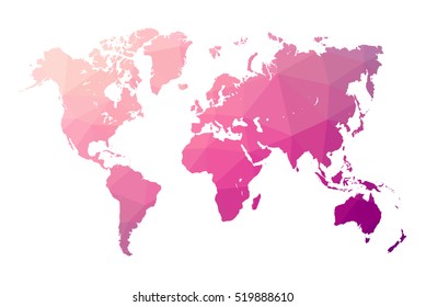 Low poly map of world. World map made of triangles. Pink polygonal shape vector illustration on white background. Vector illustration eps 10.