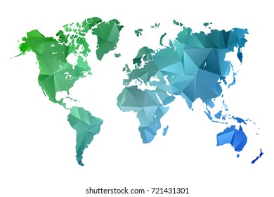 Low poly map of world. Made of triangles. Blue polygonal shape vector illustration on white background. Vector illustration eps 10.