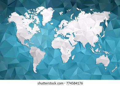 Low poly map of world. Made of triangles. Grey polygonal shape on blue polygon background. Vector illustration eps 10.