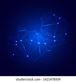 Low poly map of Zambia with lights, communication, trendy triangles design. Wire frame concept.