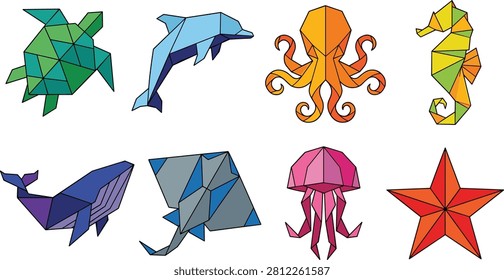 Low Poly Marine Animals Geometric Vector Collection Featuring Ocean Wildlife and Sea Creature Illustrations