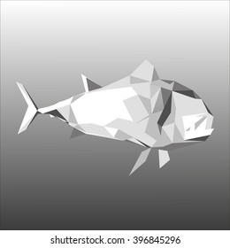 Low poly marine fish in shades of gray on a gradient background.