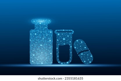 Low-Poly-Medizintechnik-Vektorgrafik mit futuristischem Konzept. Medizinische Flasche, Kapsel, Sirap Low-Poly-Wire-Rahmen-Design. Retten Sie Leben, unterstützen Sie Gemeinschaften Illustration.
