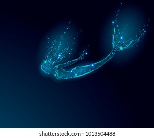 Mitos triángulos de sirena baja polilla triangulación criatura tristeza depresiva caída mística. Línea de puntos de Poligonal brillantes estrellas de la muerte nocturna azul oscuro. Hermosa ilustración de vectores oceánicos de profundidad submarina