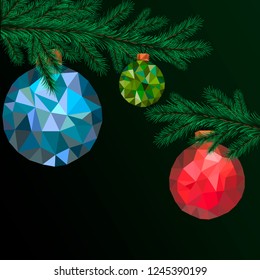 Low poly merry christmas balls vector illustration. Happy new year greeting card or flyer concept illustration.