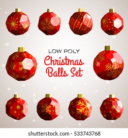 Low poly merry christmas balls set based on Archimedean polyhedrons. Good for happy new year modern vector illustration, design concept, greeting card or instagram post template.