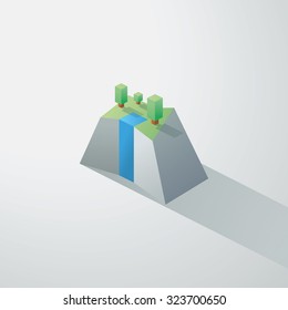 Low poly minimalistic landscape with isometric trees and a small waterfall on cliff. 3d polygonal design. Eps10 vector illustration.