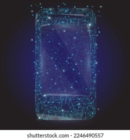 low poly mobile phone front view made in a futuristic geometric style with stars 
