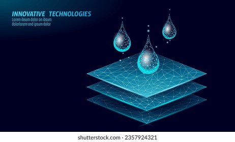 Tecnología de tela impermeable de bajo modelo de poli. Malla de alambre azul oscuro futurista digital de caída de agua propiedades textiles repelentes ilustración vectorial