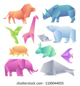 Low poly modern gradient animals set. Origami gradient paper animals. Lion, rhino, hummingbird, giraffe, mouse, bear, hedgehog, hare, fish, elephant, whale.