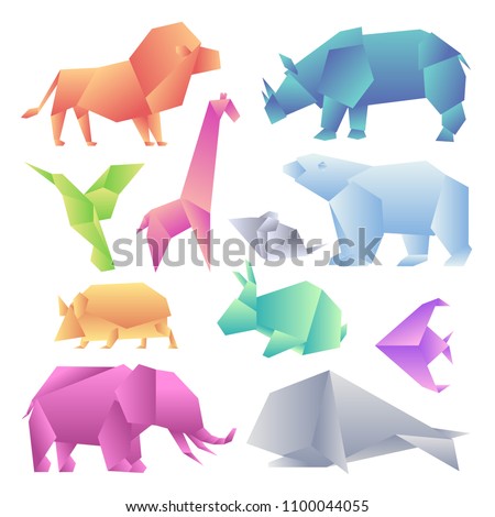 Low poly modern gradient animals set. Origami gradient paper animals. Lion, rhino, hummingbird, giraffe, mouse, bear, hedgehog, hare, fish, elephant, whale.