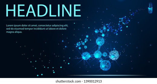 Low poly molecule structure 3D render concept. Polygonal science research ecological technology art. Futuristic modern abstract background. H2O formula particle cell mesh vector illustration. Headline