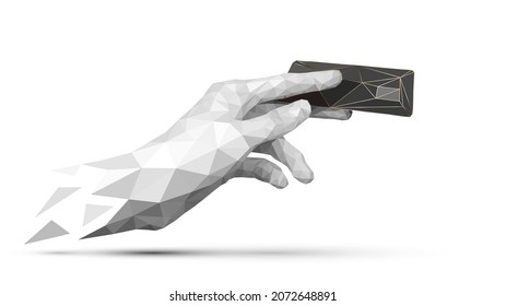 Low Poly Monochrome Hand Holding A Black Bank Card, The Concept Of Cashless Payments And Financial Transactions