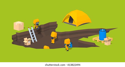 Low poly monster footprint and the team of scientists. 3D lowpoly isometric vector concept illustration