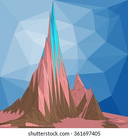 Low poly mountain against blue triangular background. Vector illustration