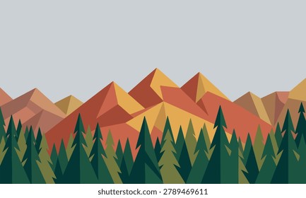 Low poly mountain landscape with evergreen forest, geometric wilderness peaks in autumn colors, minimalist nature background vector illustration