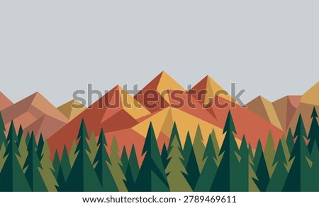 Low poly mountain landscape with evergreen forest, geometric wilderness peaks in autumn colors, minimalist nature background vector illustration