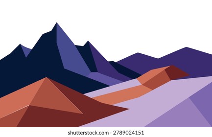  Low poly mountain landscape vector, geometric purple and orange mountain range peaks, abstract nature background for outdoor adventure branding