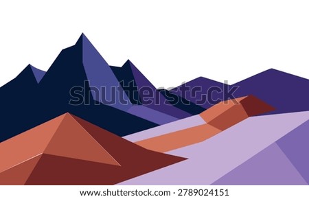  Low poly mountain landscape vector, geometric purple and orange mountain range peaks, abstract nature background for outdoor adventure branding