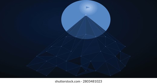 Low poly mountain peak concept with flag digital network structure on dark blue