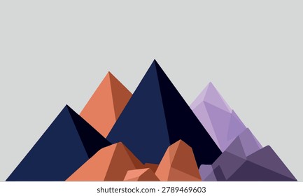 Low poly mountain range vector illustration, geometric mountain peaks in navy blue and terracotta, abstract polygonal landscape background