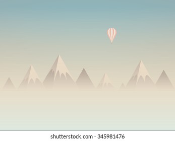 Low poly mountains landscape vector background with balloon flying above clouds or mist. Symbol of exploration, discovery and outdoor adventures. Eps10 vector illustration.