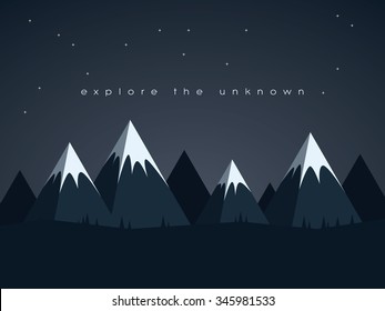 Low poly mountains night landscape vector background with stars in the sky. Symbol of exploration, discovery and outdoor adventures. Eps10 vector illustration.