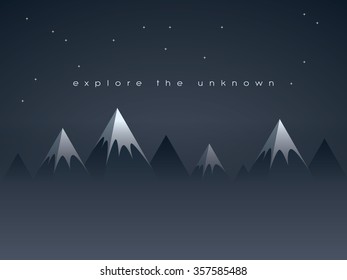 Low poly mountains night landscape vector background with stars in the sky. Symbol of exploration, discovery and outdoor adventures. Eps10 vector illustration.