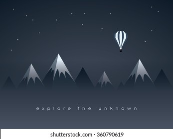 Low poly mountains night landscape and flying balloon vector background with stars in the sky. Symbol of exploration, discovery and outdoor adventures. Eps10 vector illustration.