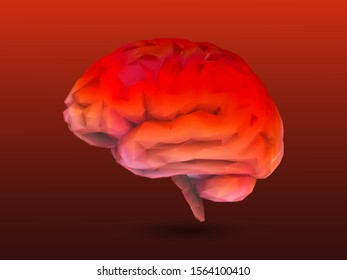 Low poly multi color orange brain with 3D shading style illustration isolated on deep red background