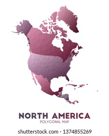 Low poly North America map.  Purple and pink gradient. Shows Canada, US, Mexico.