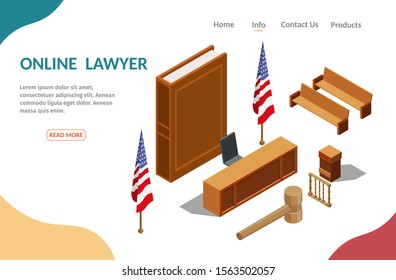 Low poly online lawyer tribunal isometric of the justice jury characters vector illustration banner.