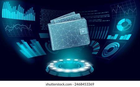  Low poly Online technology wallet. Future e-commerce digital international finance banking exchange blockchain. Payment 3d vector illustration