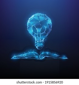 low poly open book with light bulb. isolated on dark blue background. business and idea sign concept. vector illustration modern design. creative idea is made of Futuristic Glowing Lines, dots.