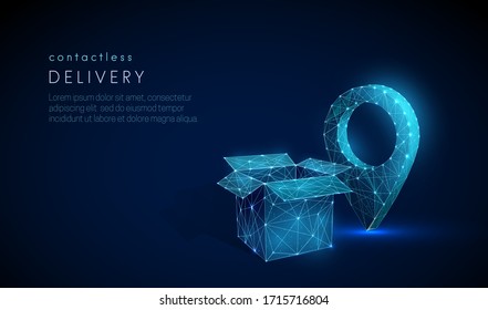 Low poly open box  near pin icon. Contactless delivery concept. Epidemic measures during quarantine. Food delivery. 3d graphic Abstract geometric background. Vector illustration
