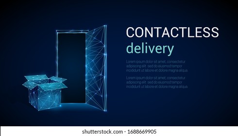 Low poly open delievered box near open house entrance. Contactless delivery concept.  Epidemic measures during quarantine.  Food delivery. 3d graphic Abstract geometric background. Vector illustration