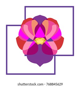 Low poly orchid as a logo, print, design element. Bright colors: blue, pink, purple and golden core.Vector illustration on isolated background.