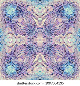 Low poly ornamental texture based on decorative elements Paisley. Seamless pattern in indian style. Symmetric ornament.