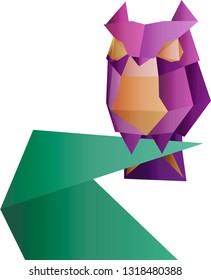 low poly owl on a branch, sketch vector graphic colour illustration on white background