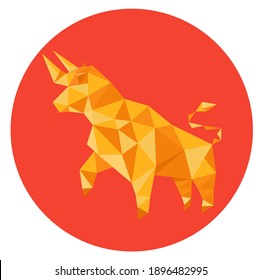 Low poly ox golden symbol on red background, stock market growth, bullish trend