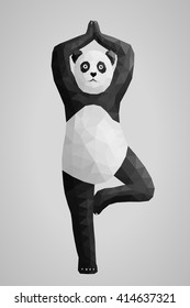 Low poly panda in yoga pose - vrksasana(tree pose). Abstract polygonal background.