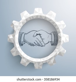 Low poly paper gear with handdrawn handshake on the gray background. Eps 10 vector file.