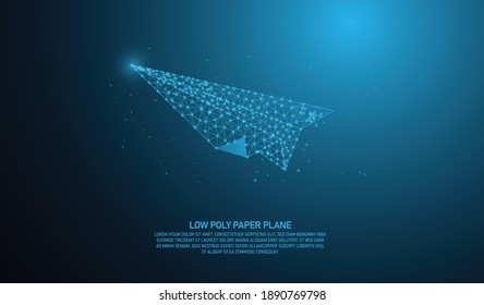 Low poly Paper plane, abstract lines and triangle connection dots on blue background, vector illustration