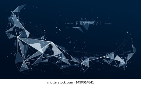 Low poly particles abstract vector background, polygonal fractal design, 3D dimensional element with connected lines, mesh object technology and science theme.