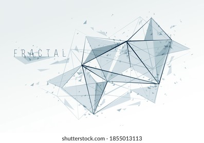 Low poly particles abstract vector background, polygonal fractal design, 3D dimensional element with connected lines, mesh object technology and science theme.